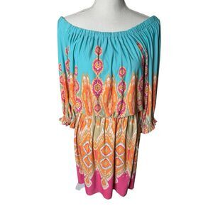 BOSTON PROPER Blouson Dress Multicolor Print Off Shoulder Size 10 Boho Summer
